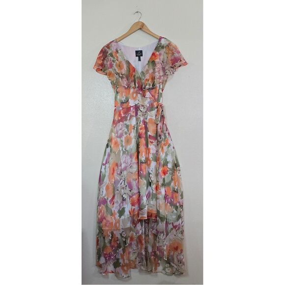 Adrianna Papell Watercolor Floral Midi Wrap Dress Womens Size 6 Wedding Guest - Picture 1 of 16